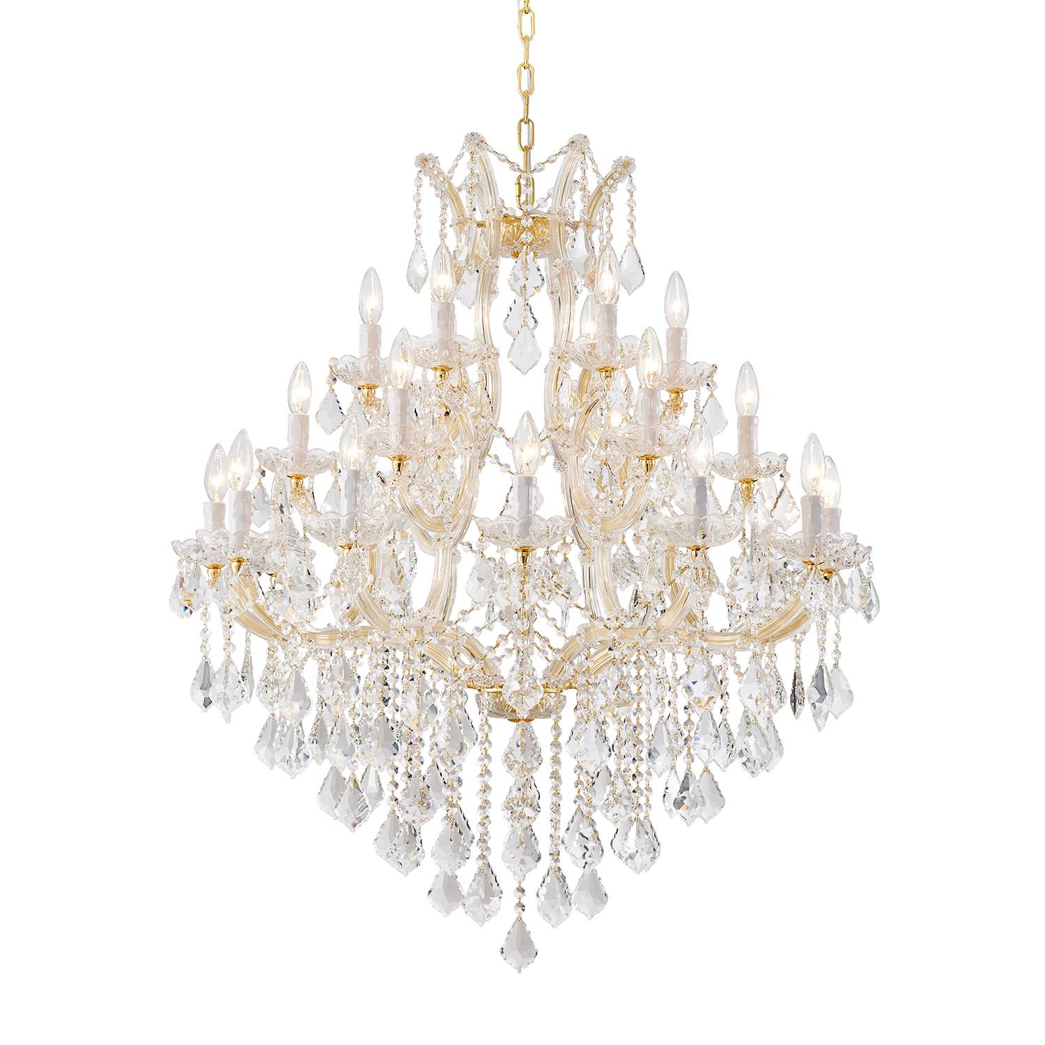 Gold Maria Theresa 24-light K9 crystal chandelier on white background