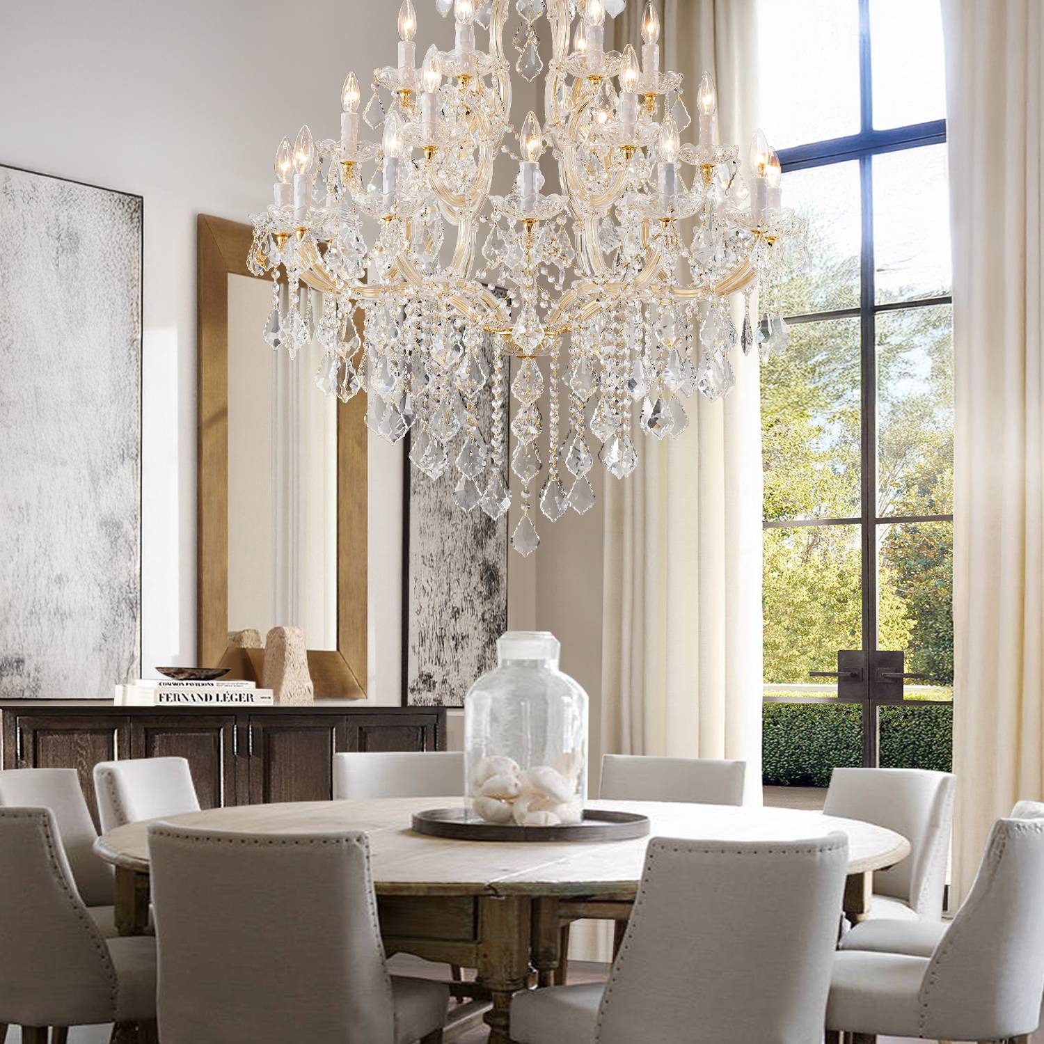 Maria Theresa crystal chandelier above round dining table