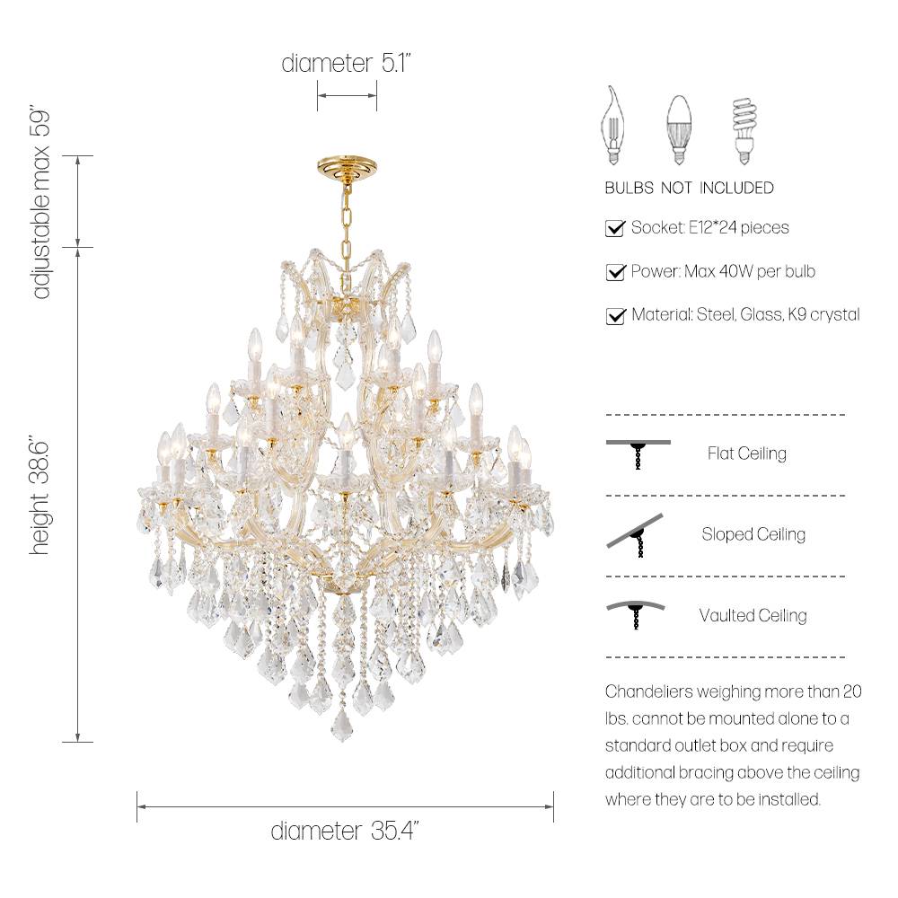 Gold Maria Theresa 24-light chandelier size and bulb guide