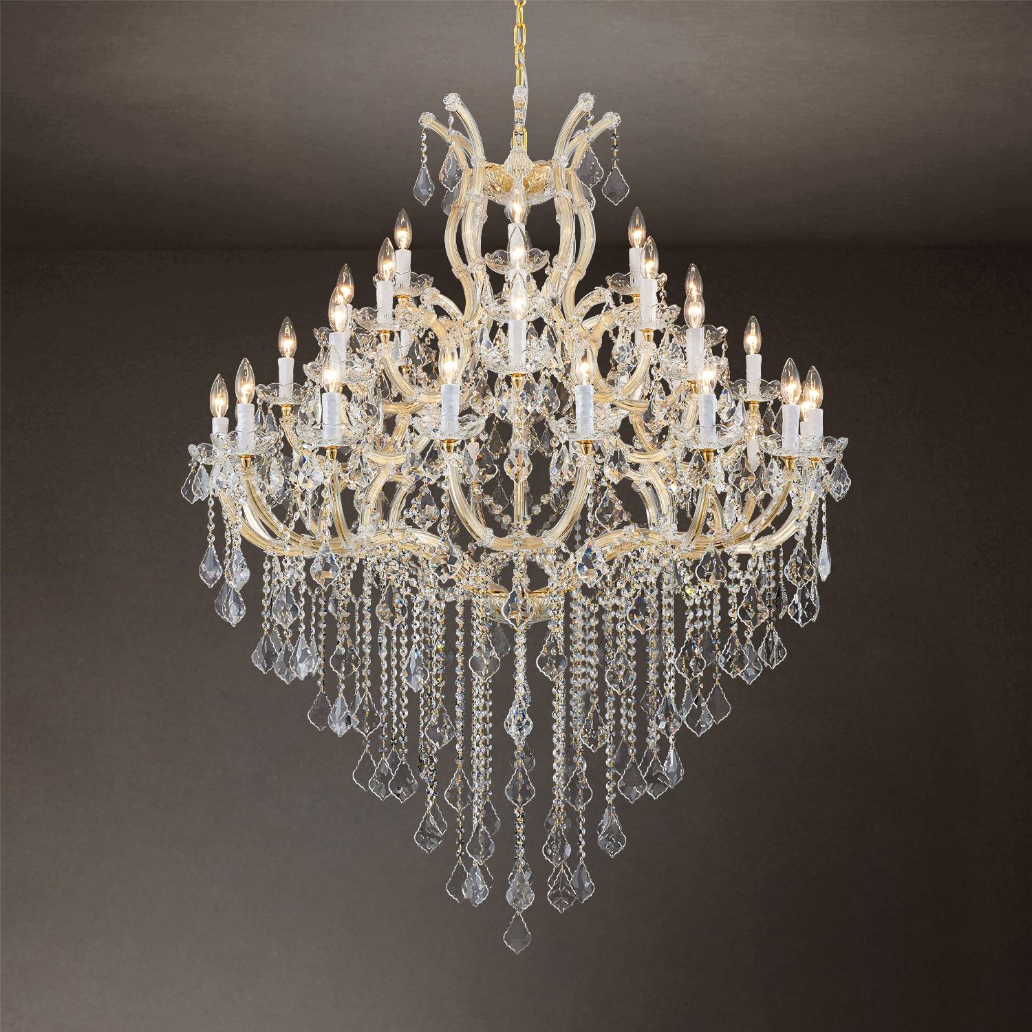 Maria Theresa 36-light gold crystal chandelier hanging from chain