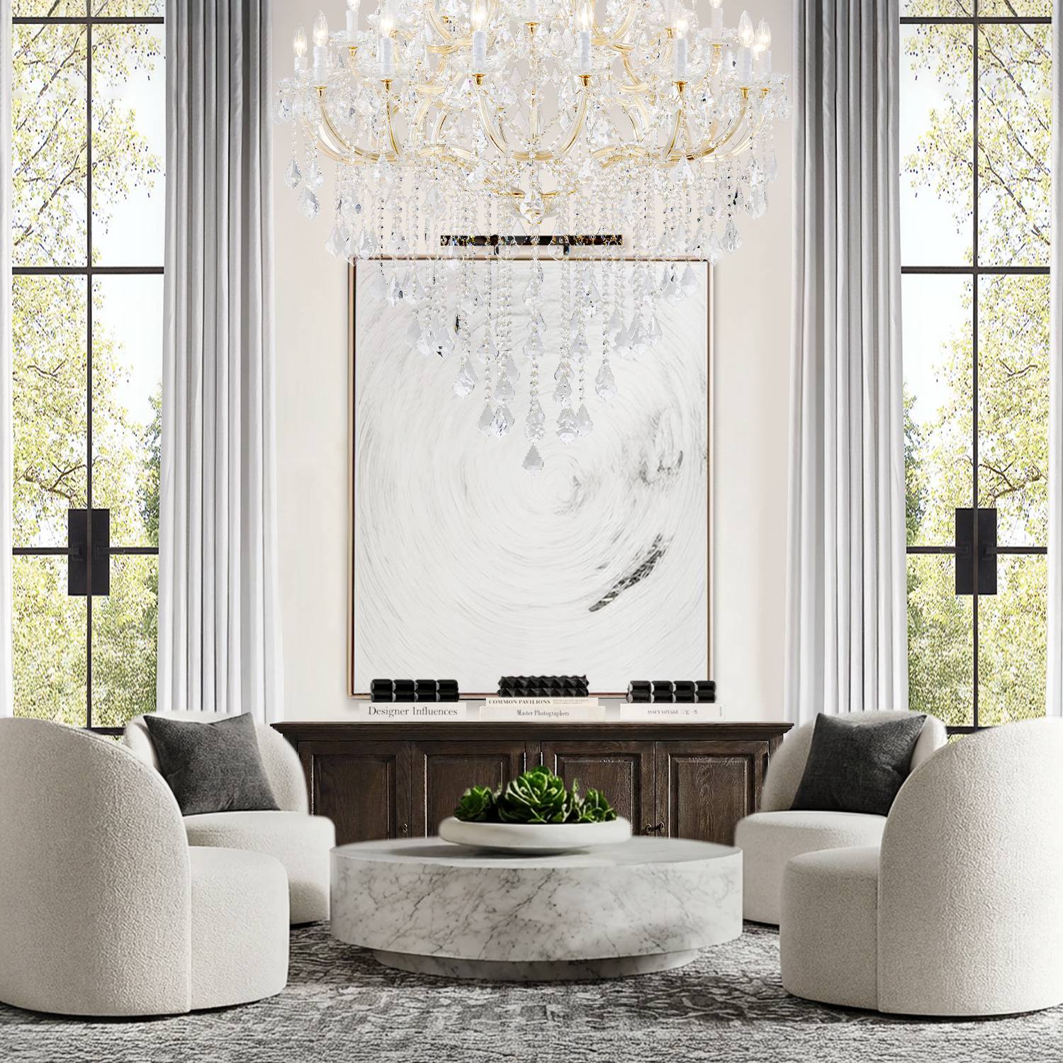 Maria Theresa chandelier in luxury living room with large windows