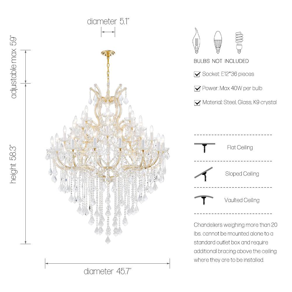 Maria Theresa 36-light crystal chandelier dimensions and bulb guide