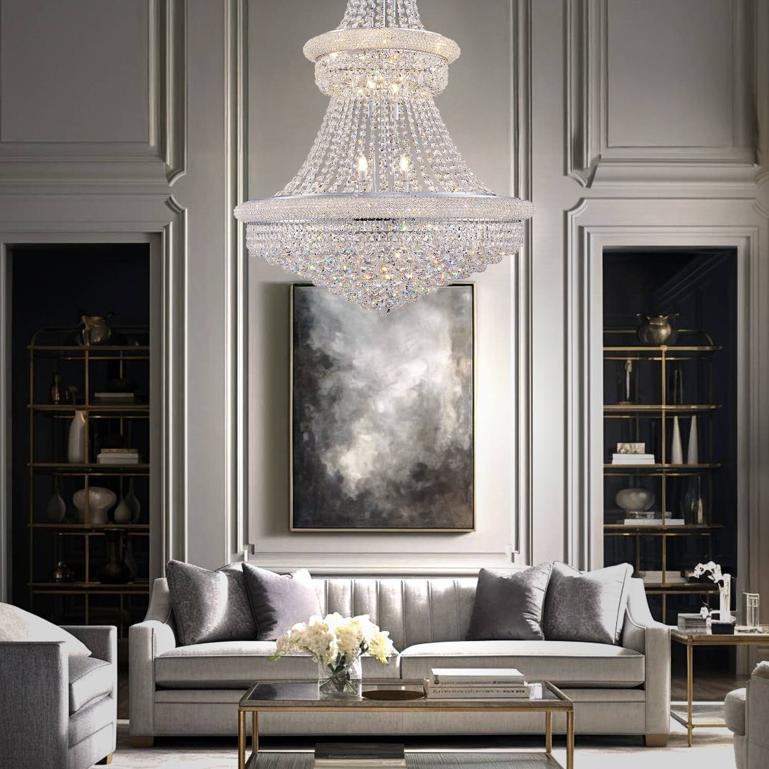 Empire crystal chandelier in luxury living room