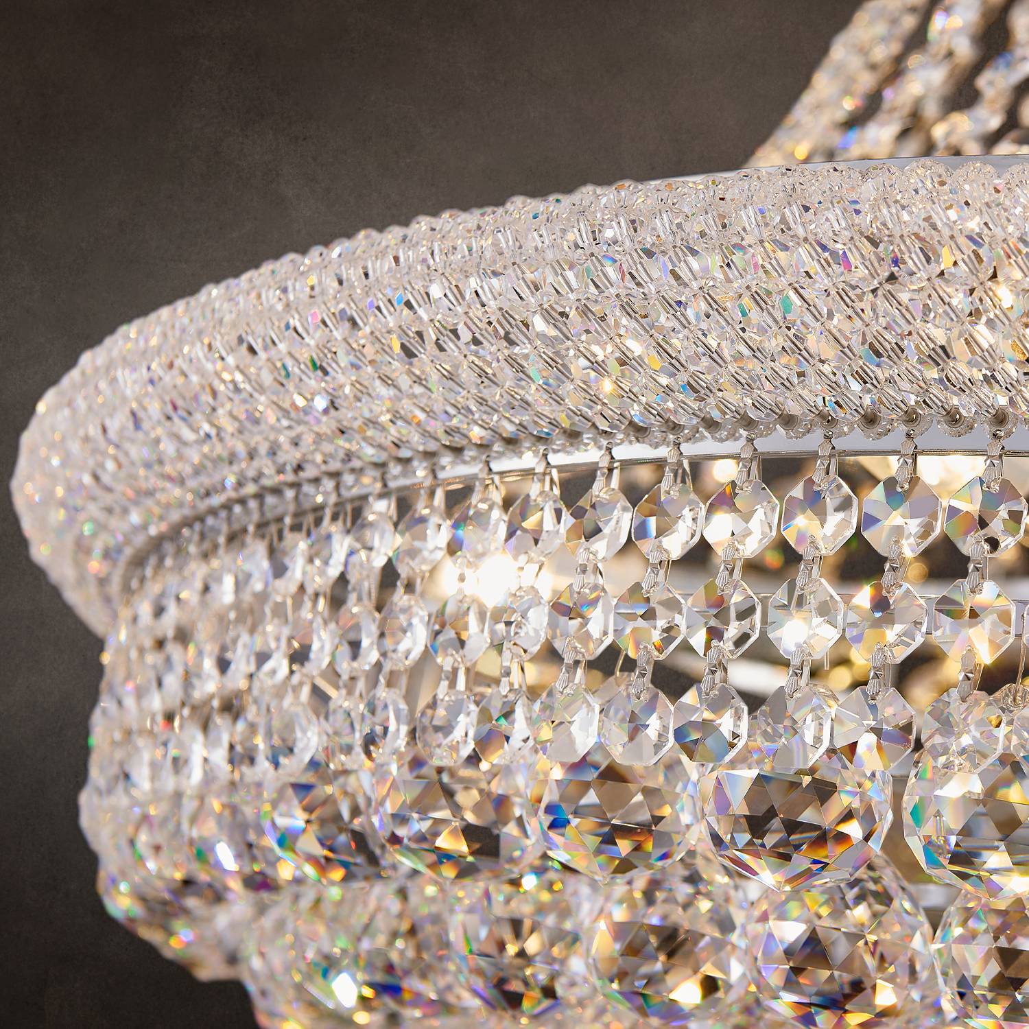 Close-up of silver frame and K9 crystal beads on Empire chandelier