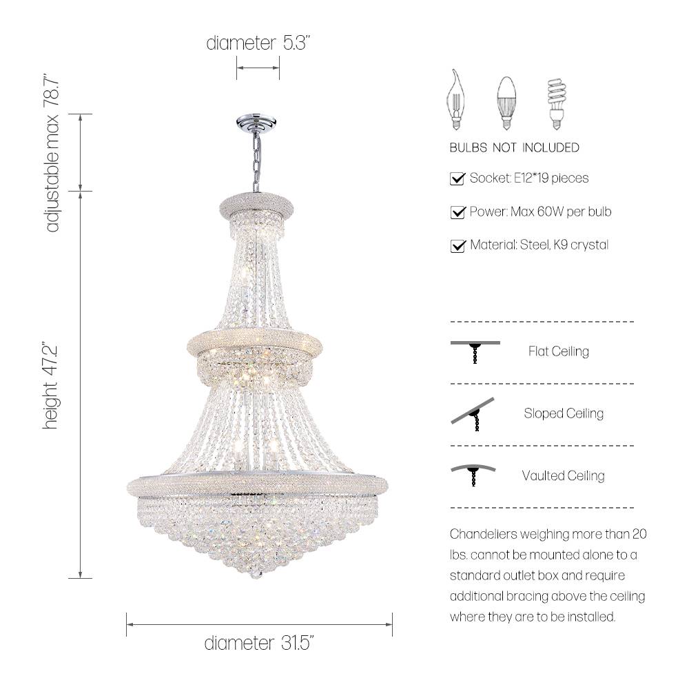Silver Empire 31.5 inch crystal chandelier dimensions and bulb guide