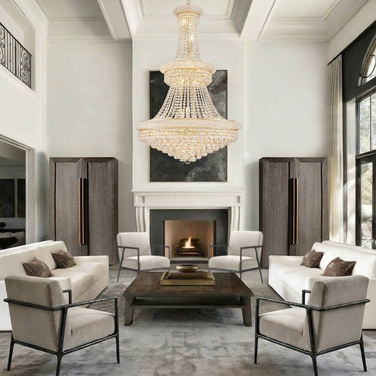 Empire gold crystal chandelier in high ceiling living room