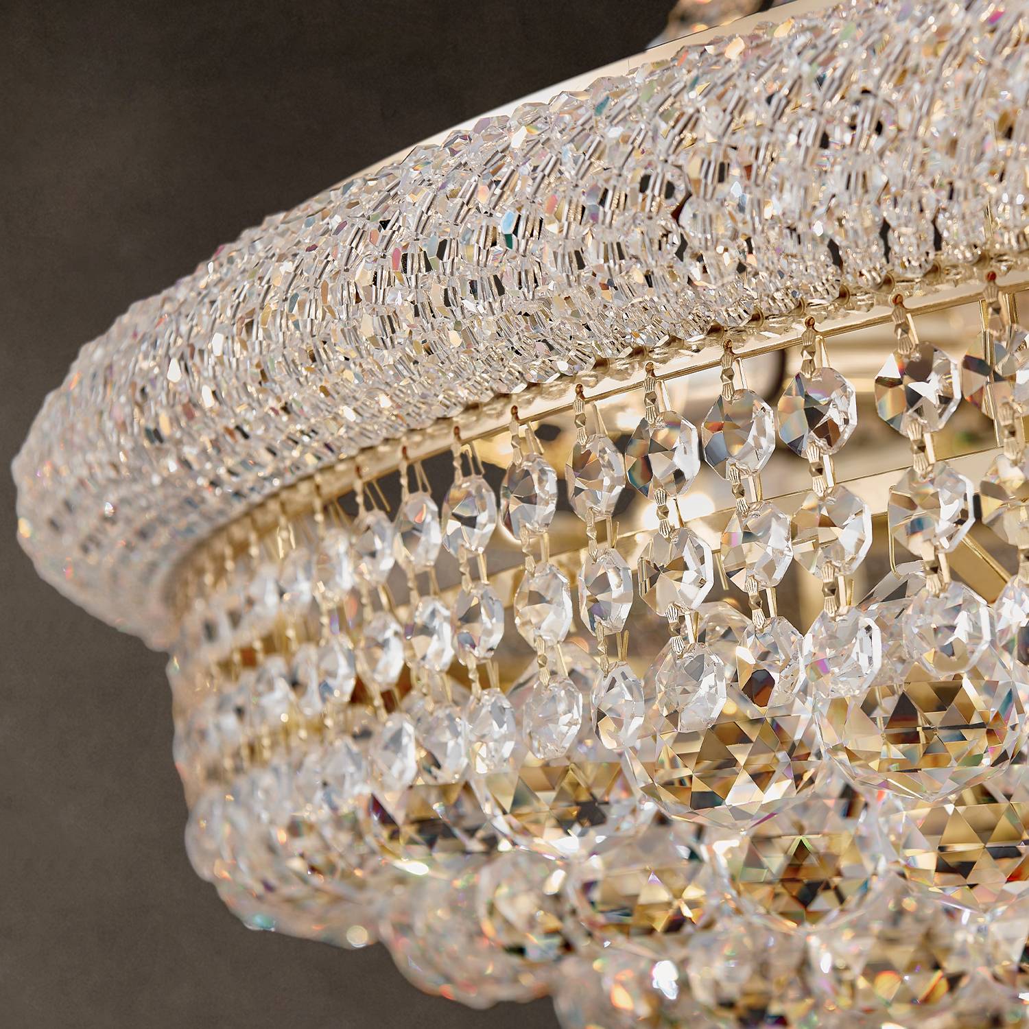 Close-up of gold frame and K9 crystal beads on Empire chandelier