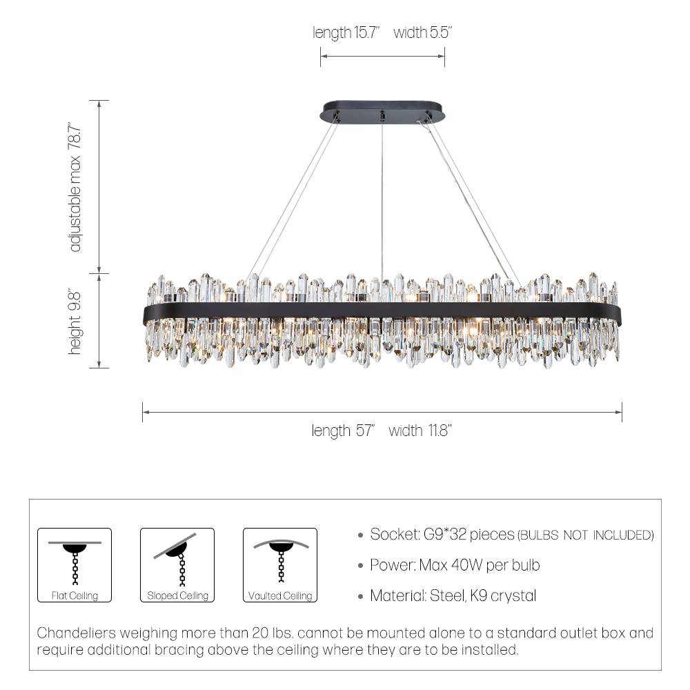 Modern Crystal Chandelier 57" Length 32 Light Sources Rectangle Pendant Ceiling Light Fixture for Living Room Dining Room Kitchen Island
