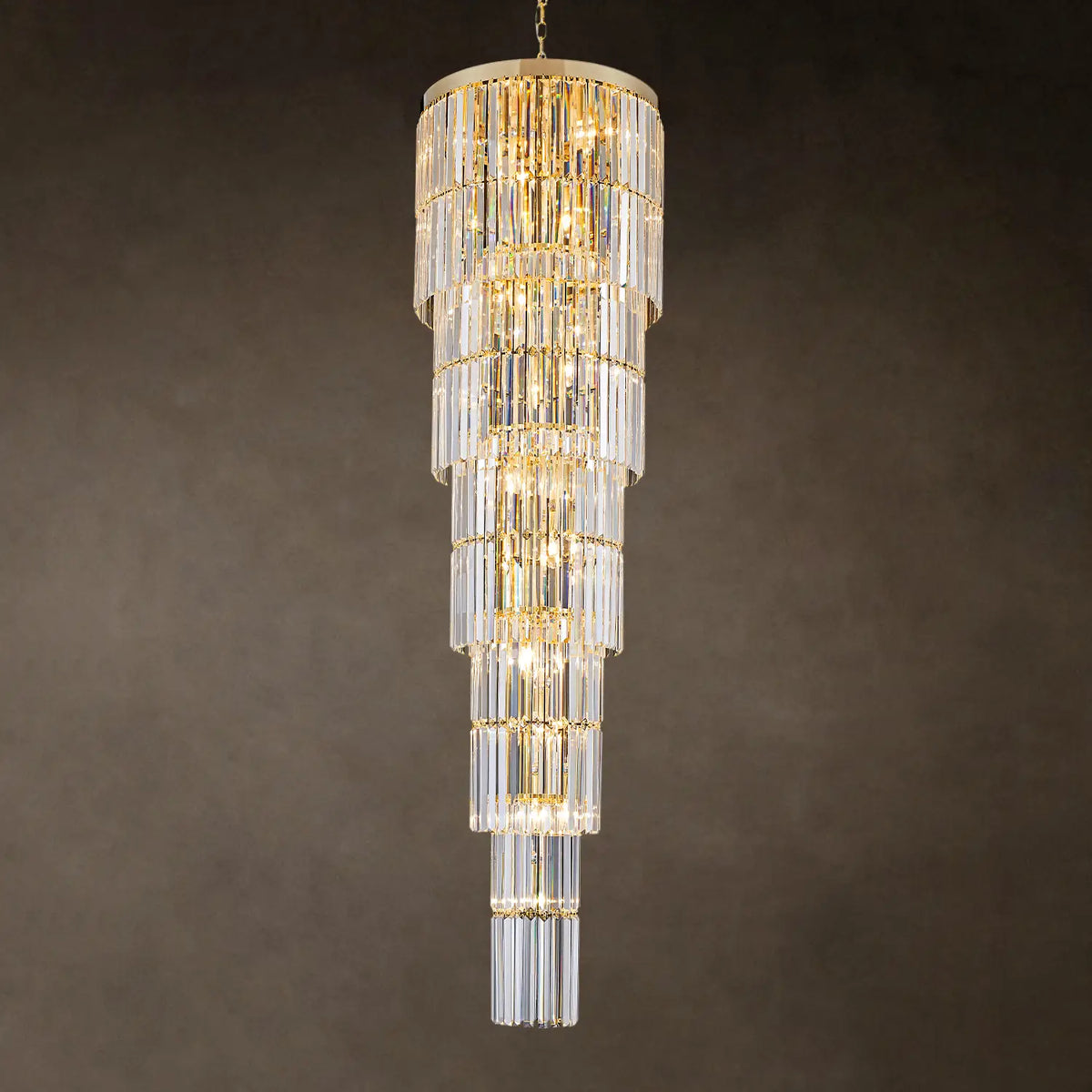 10-Tier Spiral Crystal Chandelier — K9 Staircase Chandelier for High Ceilings