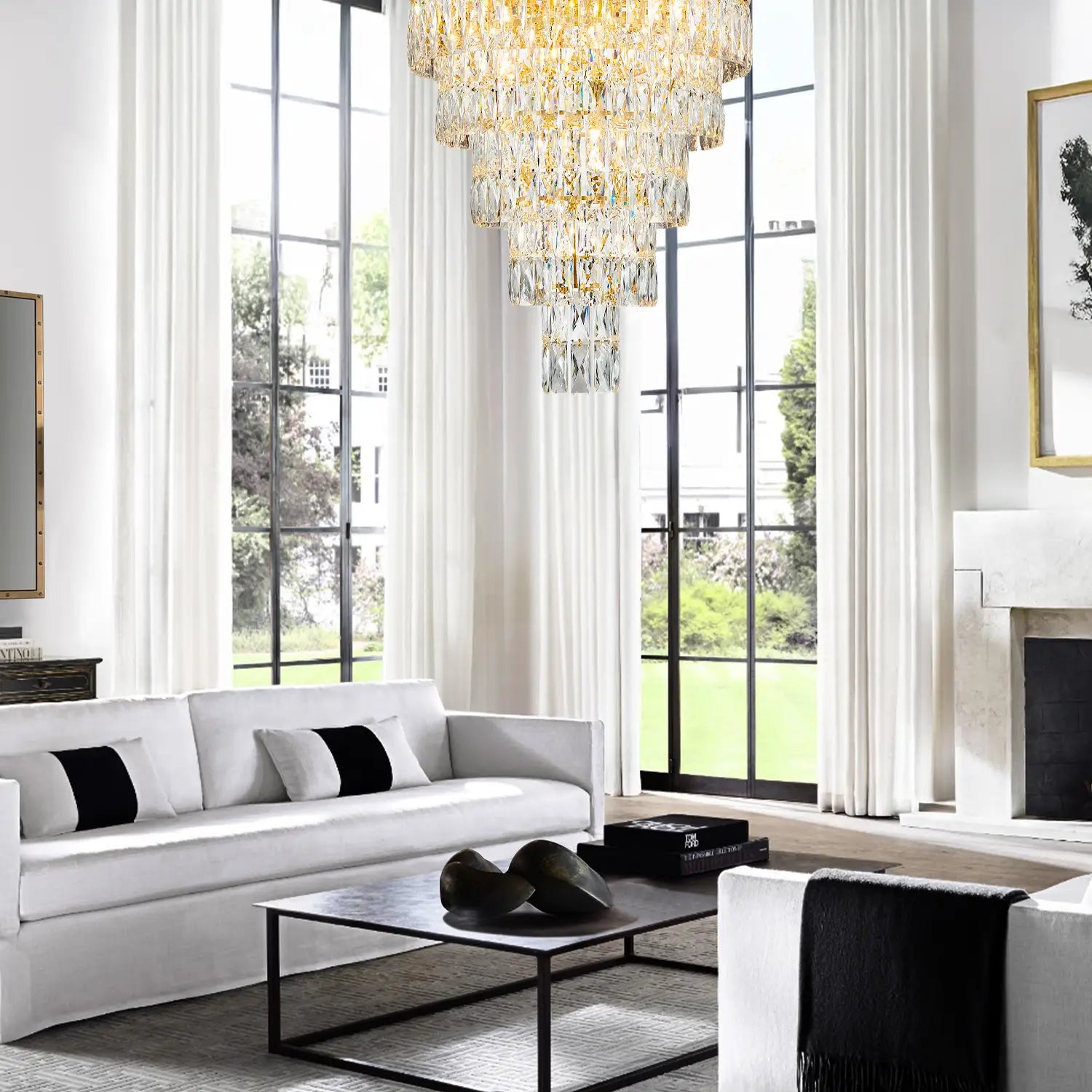 Luxury gold crystal chandelier in bright living room