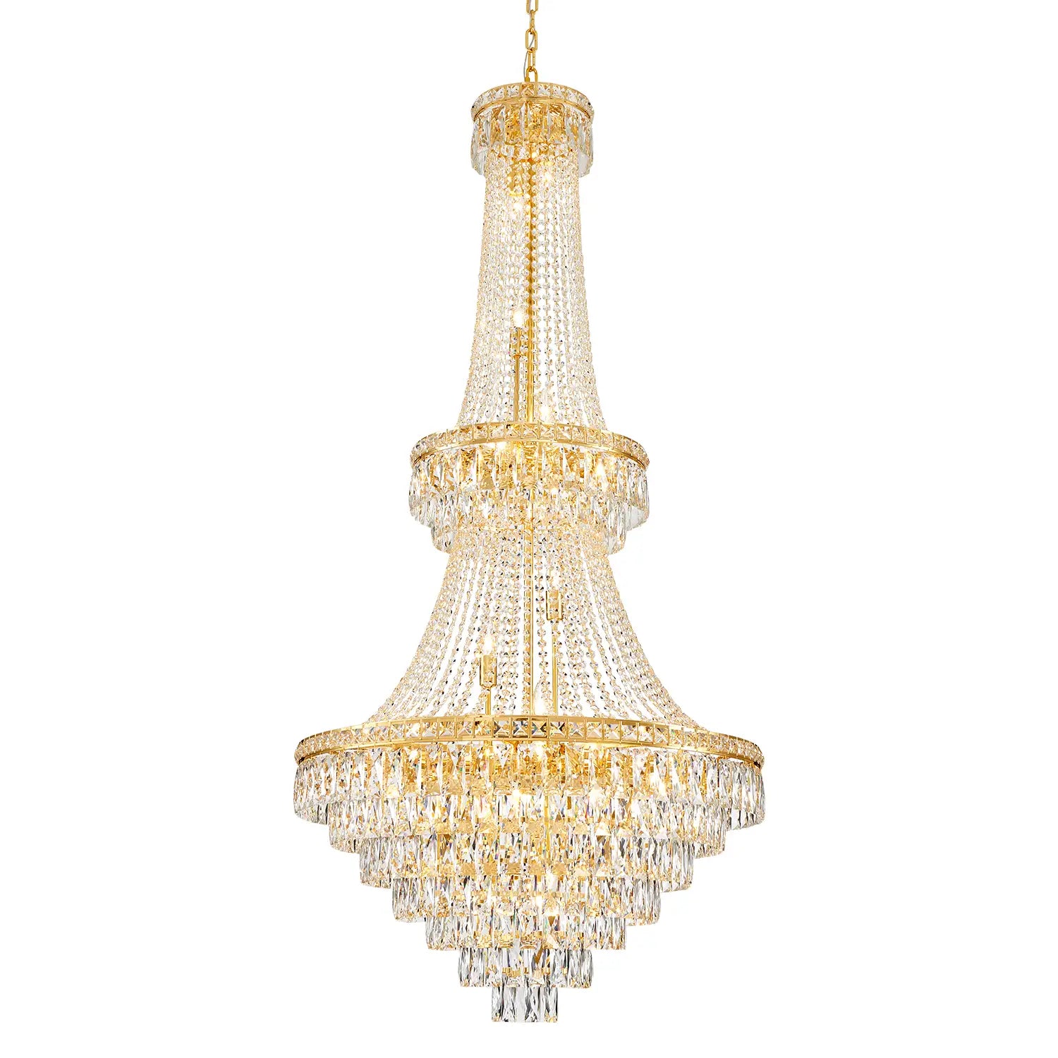 Large gold 3-tier K9 crystal chandelier product image on white background