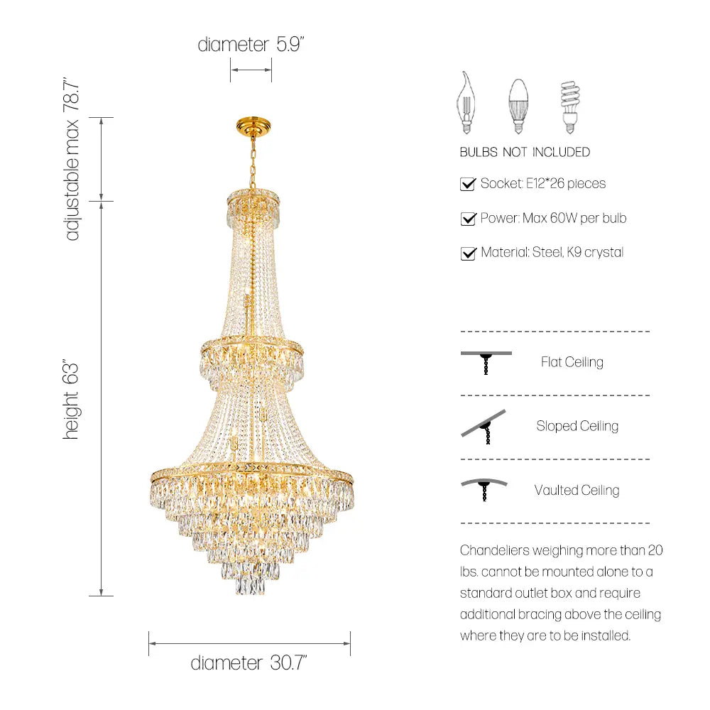 Large gold 31 inch crystal chandelier dimensions and bulb guide