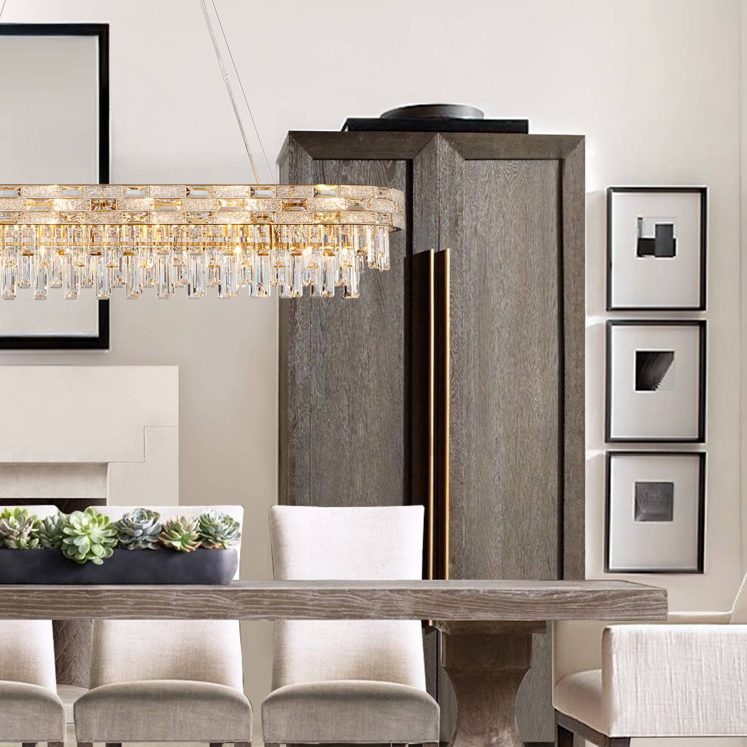 Oval crystal chandelier over dining table and bar area