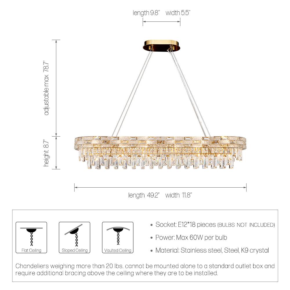 Oval 49.2 inch crystal chandelier dimensions and bulb guide
