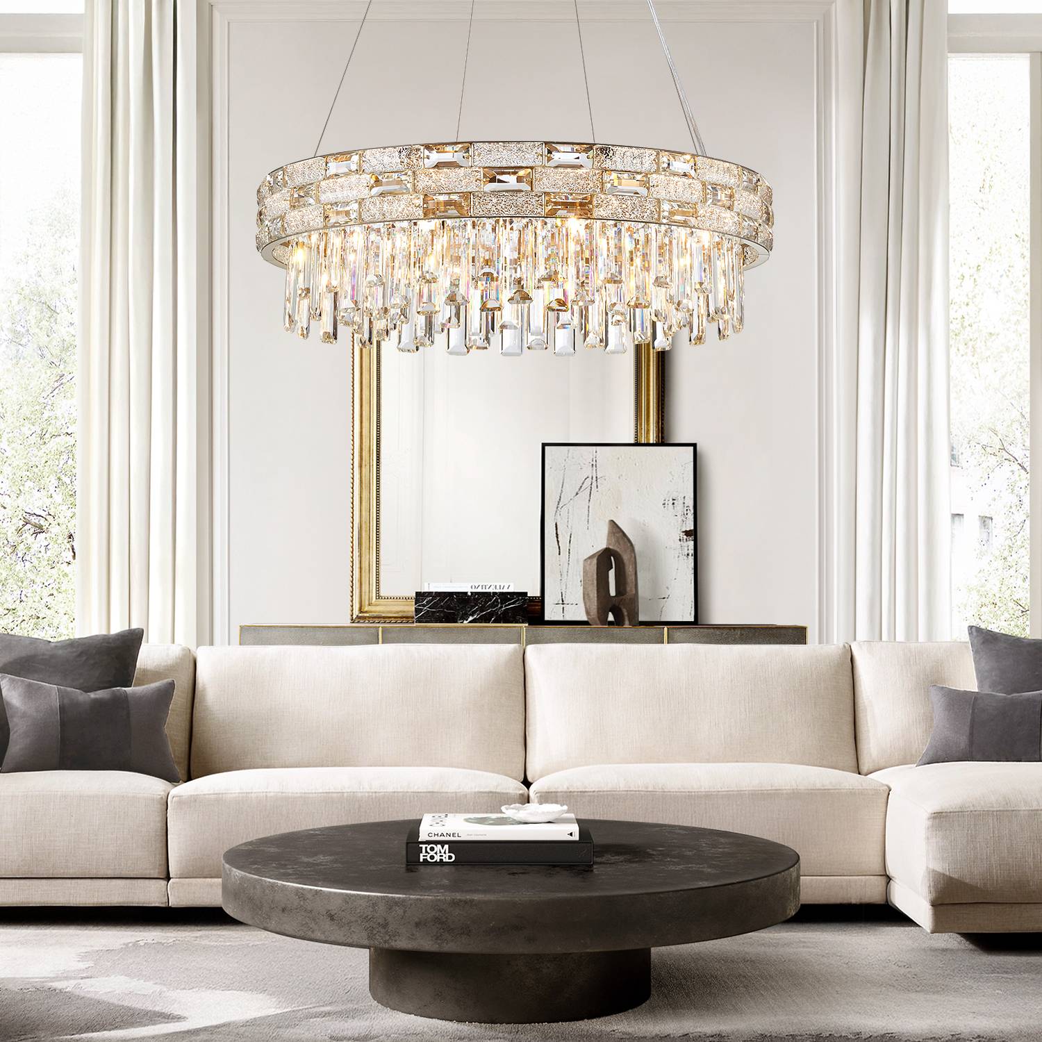 Round crystal chandelier in luxury living room