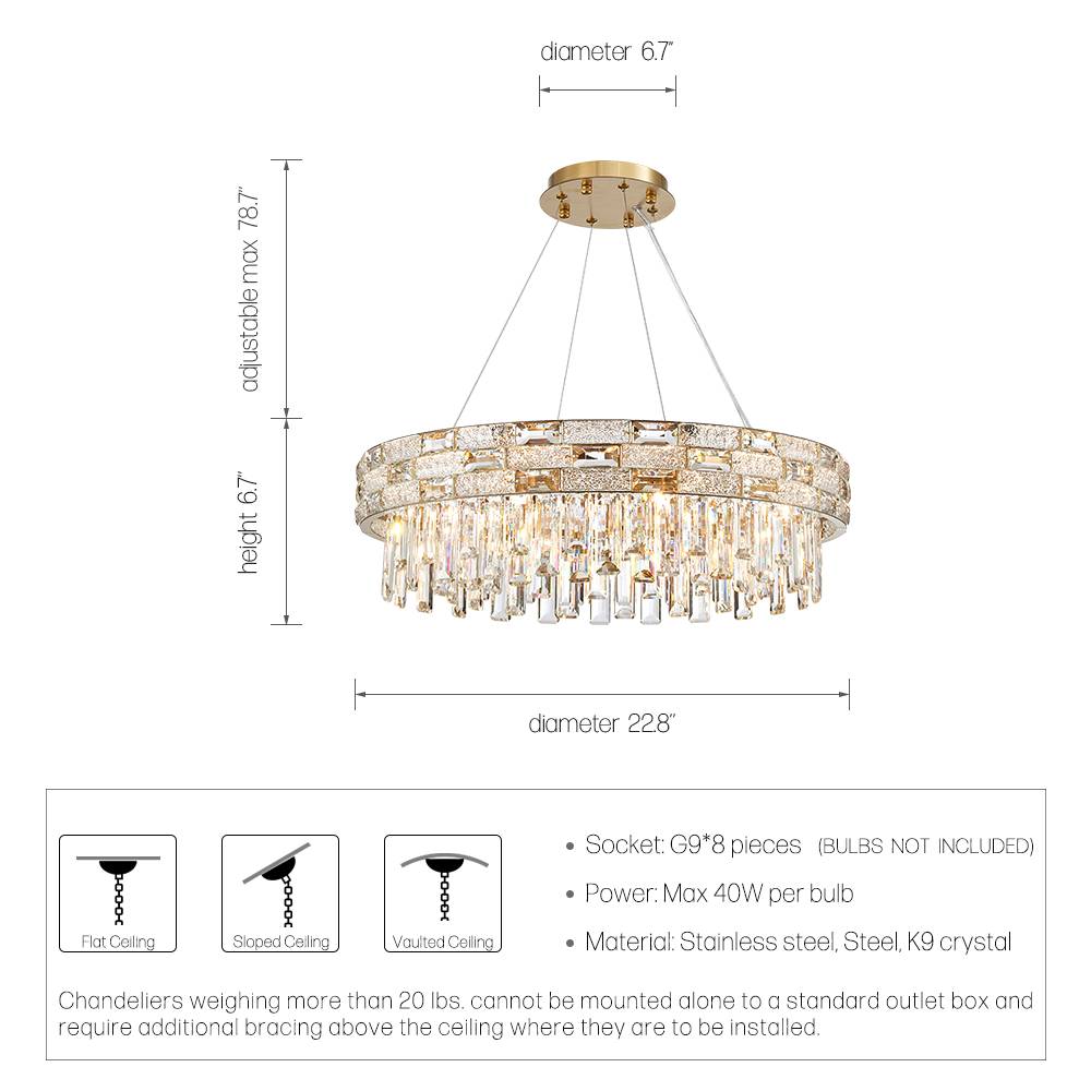 Round 22.8 inch crystal chandelier dimensions and bulb guide