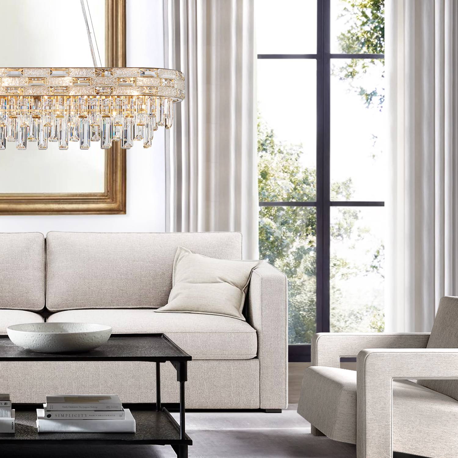 Oval crystal chandelier in living room with large window