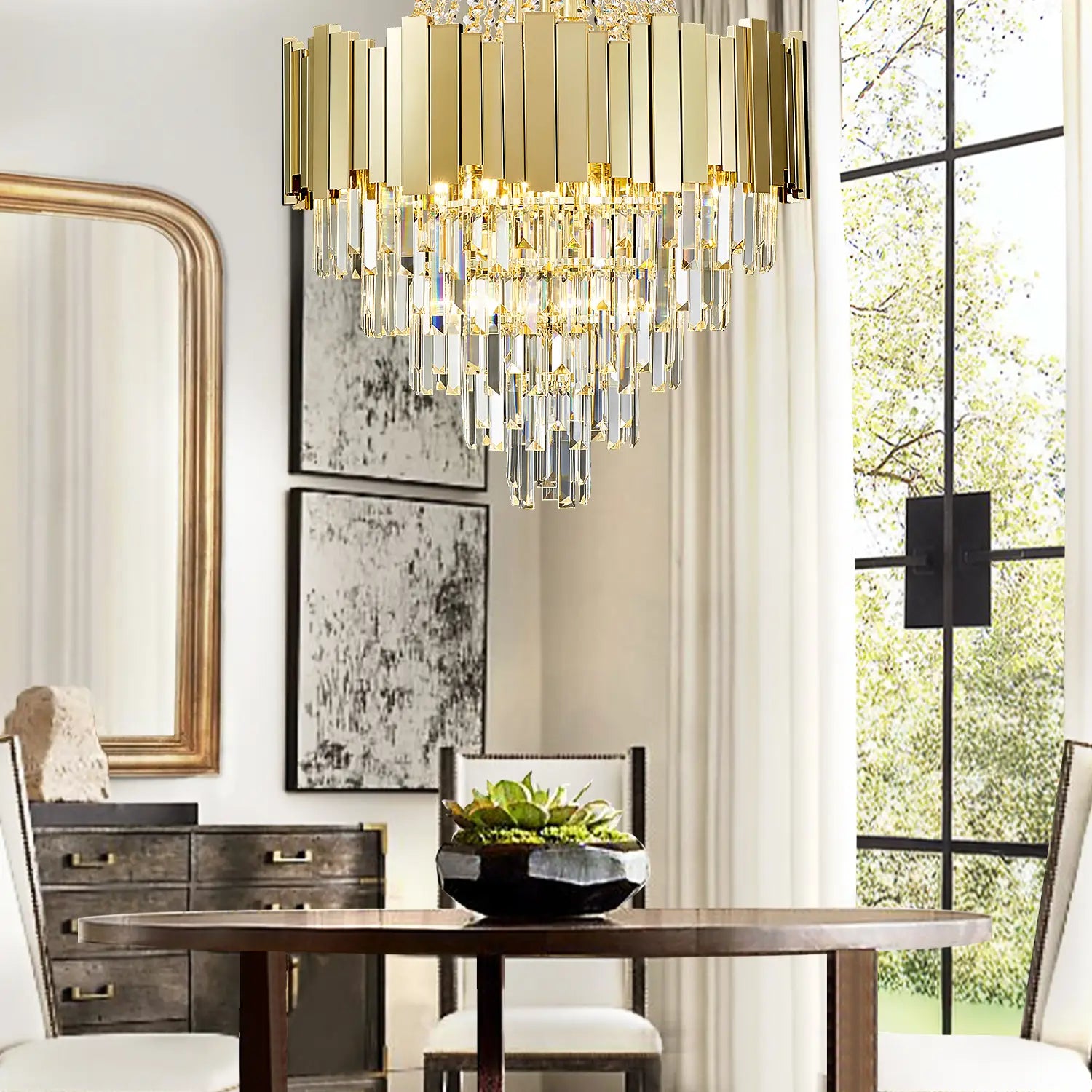 Gold K9 crystal chandelier above dining table