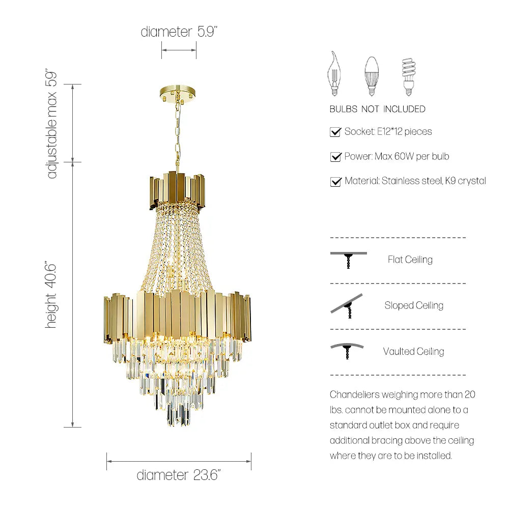 Gold 23.6 inch crystal chandelier dimensions and bulb guide