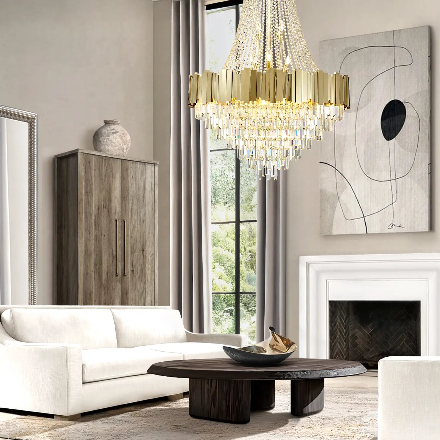 Gold 3-tier K9 crystal chandelier in modern living room