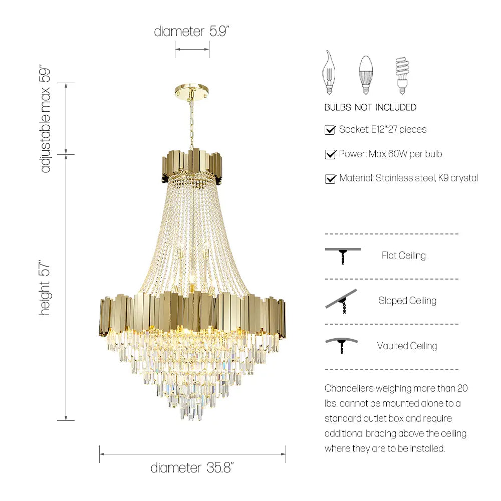 Large gold 35.8 inch crystal chandelier dimensions and bulb guide