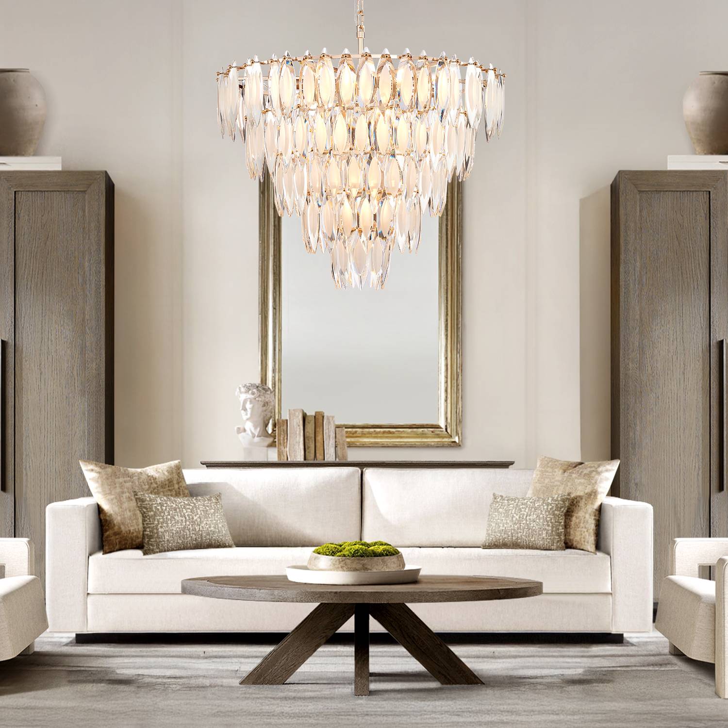 Gold multi-tier crystal chandelier in modern living room