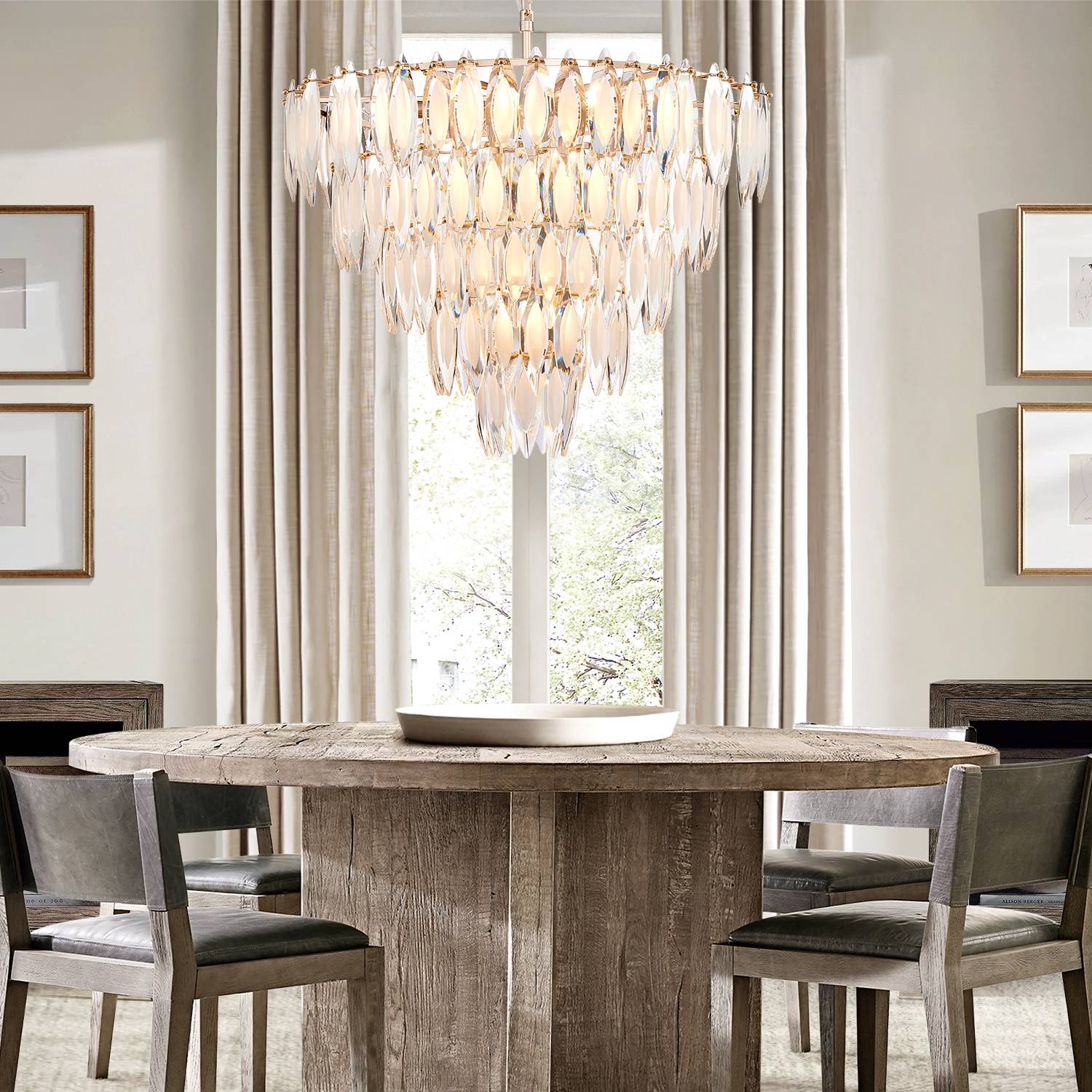 Gold crystal chandelier above kitchen or dining table
