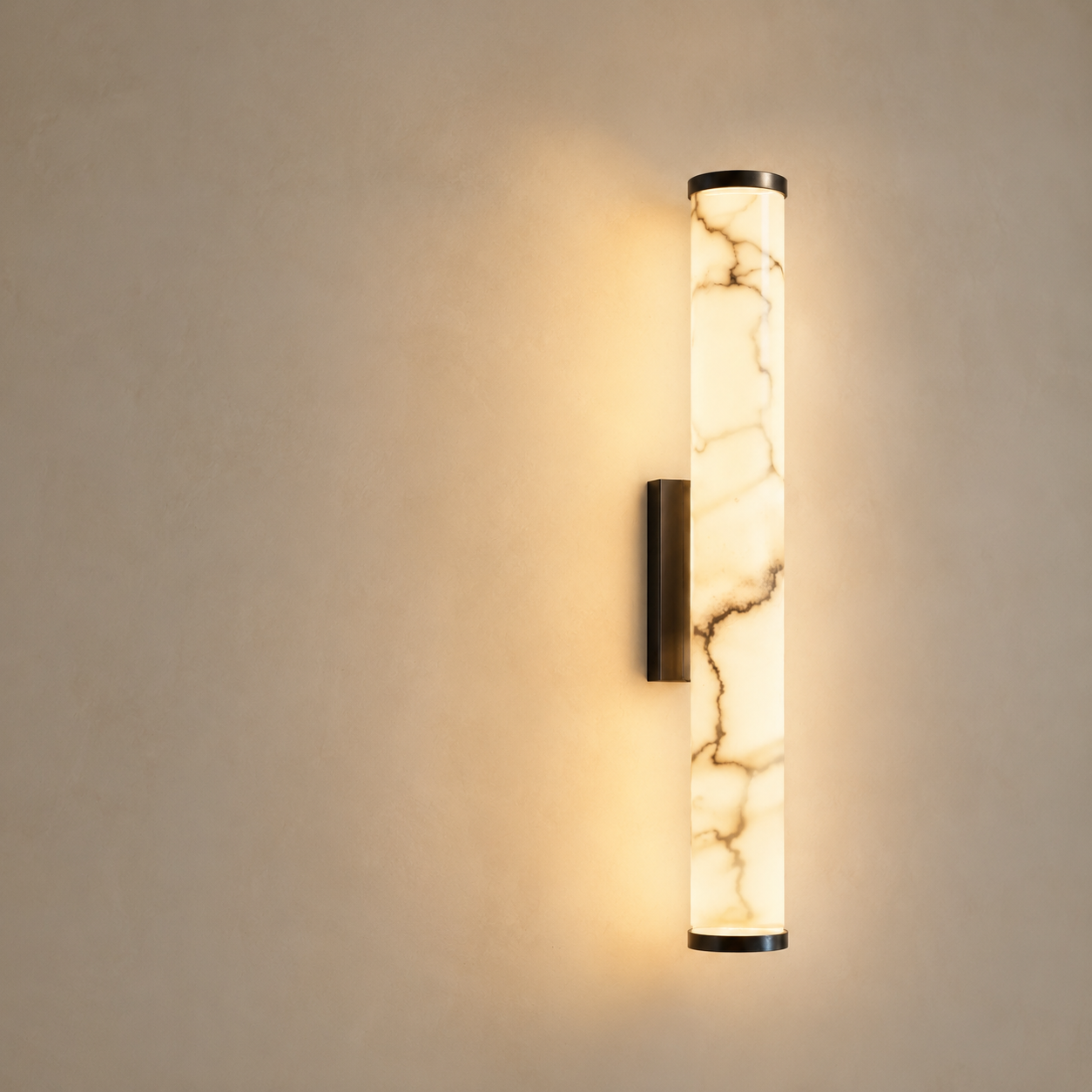 Falynis Alabaster Wall Sconce — Cylinder Wall Light with Brass-Finished Base, 11.8" to 31.4", Integrated LED, Hallway & Bedroom