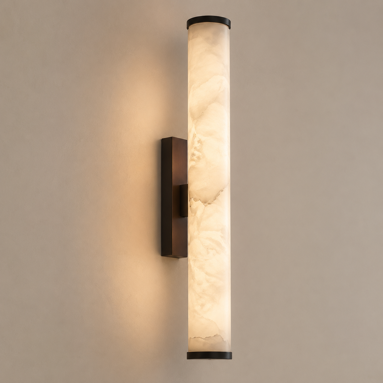 Falynis Alabaster Wall Sconce — Cylinder Wall Light with Brass-Finished Base, 11.8" to 31.4", Integrated LED, Hallway & Bedroom