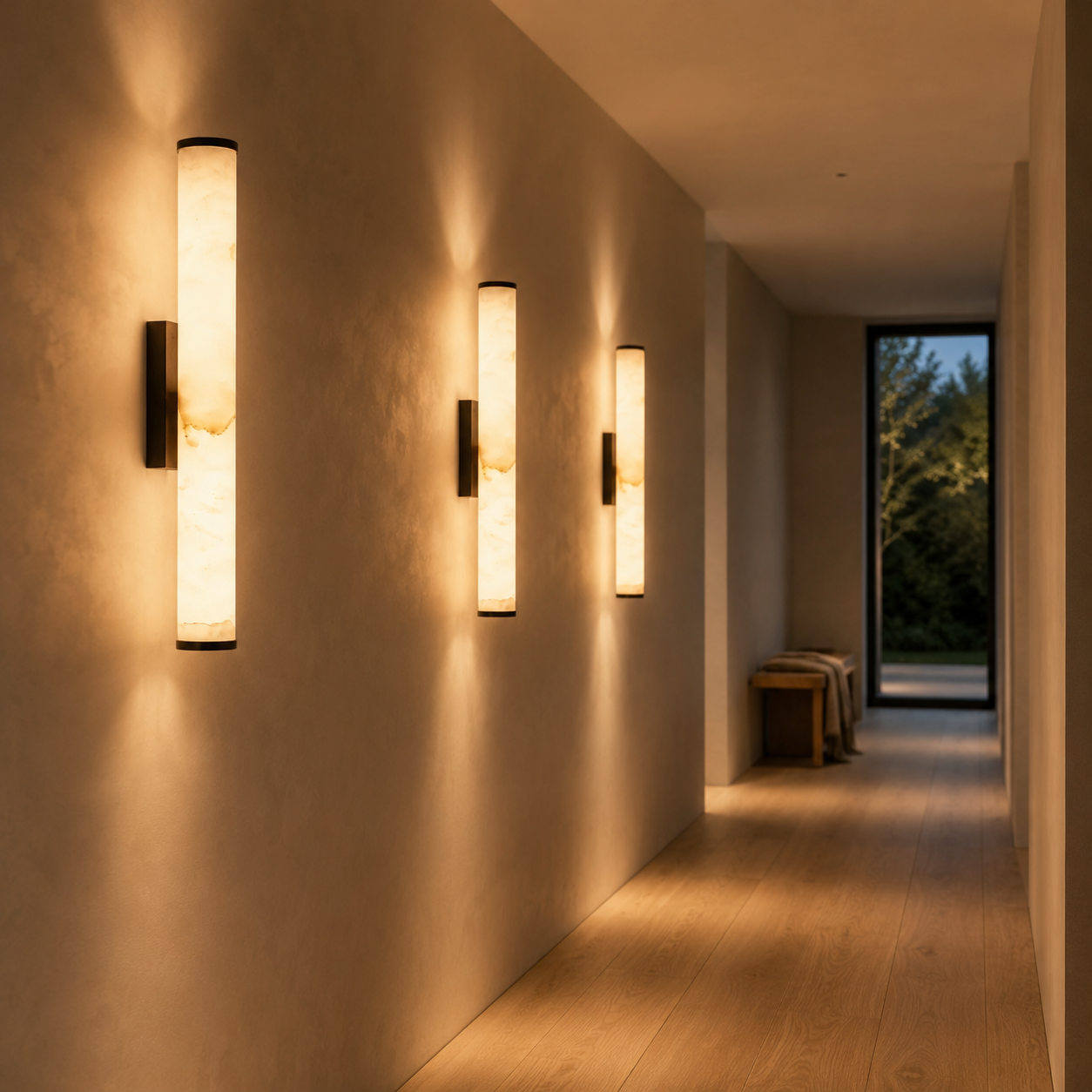 Falynis Alabaster Wall Sconce — Cylinder Wall Light with Brass-Finished Base, 11.8" to 31.4", Integrated LED, Hallway & Bedroom