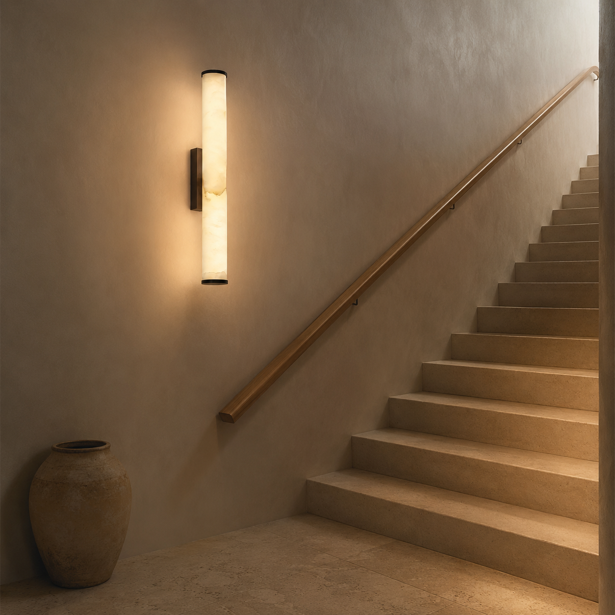 Falynis Alabaster Wall Sconce — Cylinder Wall Light with Brass-Finished Base, 11.8" to 31.4", Integrated LED, Hallway & Bedroom