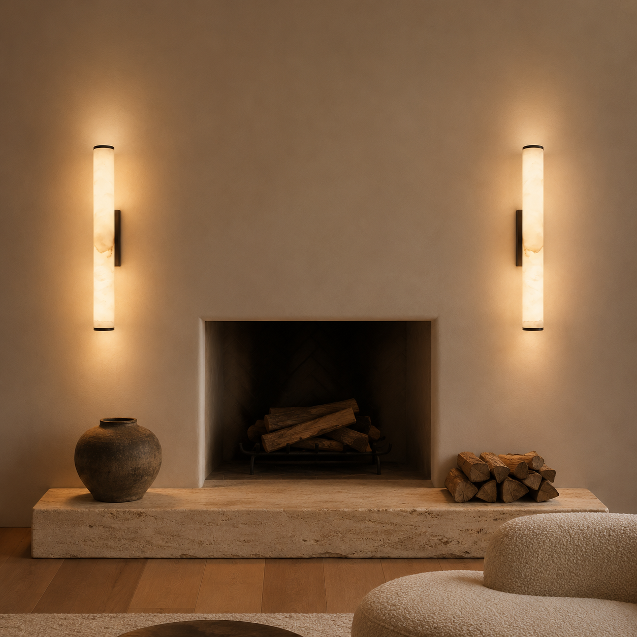 Falynis Alabaster Wall Sconce — Cylinder Wall Light with Brass-Finished Base, 11.8" to 31.4", Integrated LED, Hallway & Bedroom