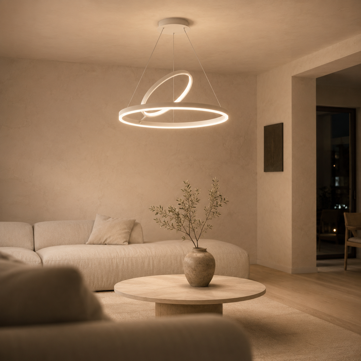 Hring LED Ring Chandelier | Minimalist Round Ceiling Light in Black or White for Living & Dining Rooms