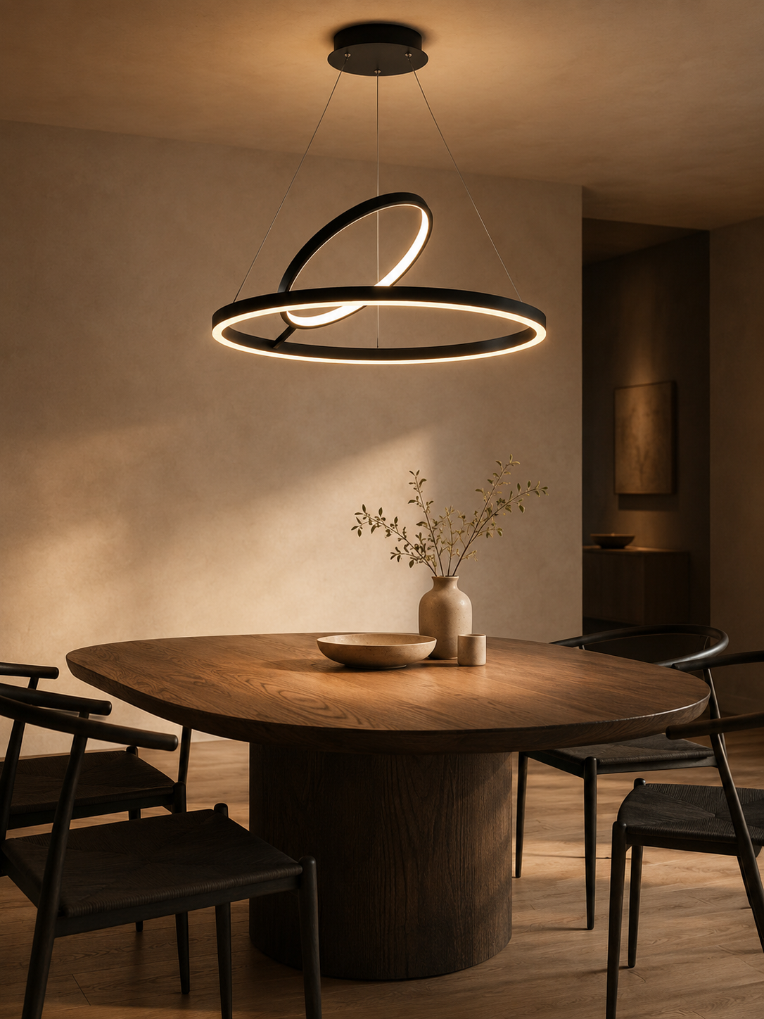 Hring LED Ring Chandelier | Minimalist Round Ceiling Light in Black or White for Living & Dining Rooms