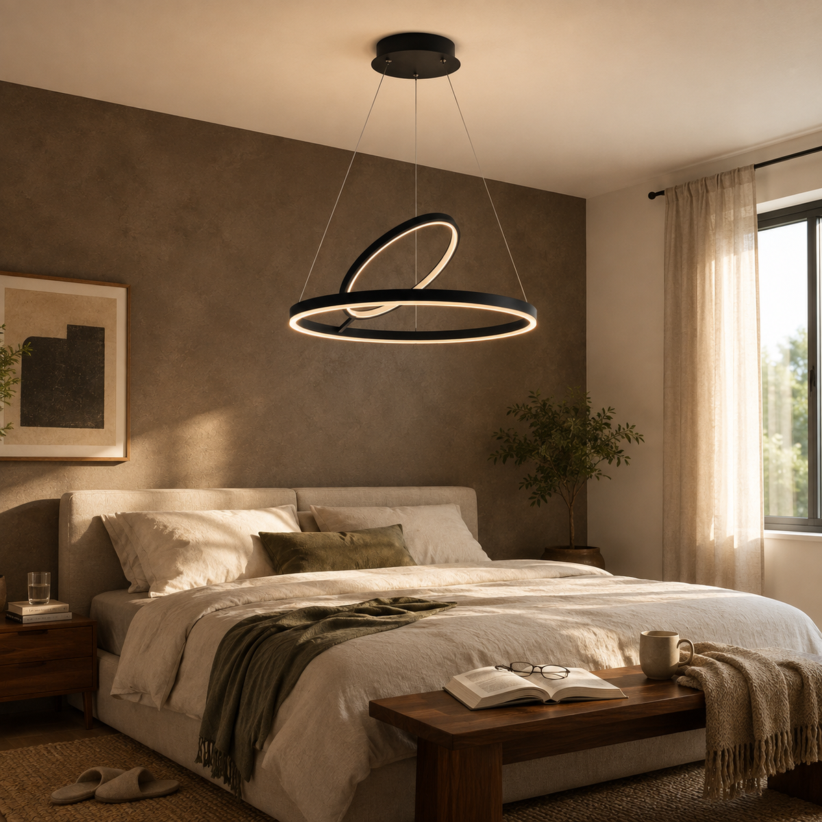 Hring LED Ring Chandelier | Minimalist Round Ceiling Light in Black or White for Living & Dining Rooms