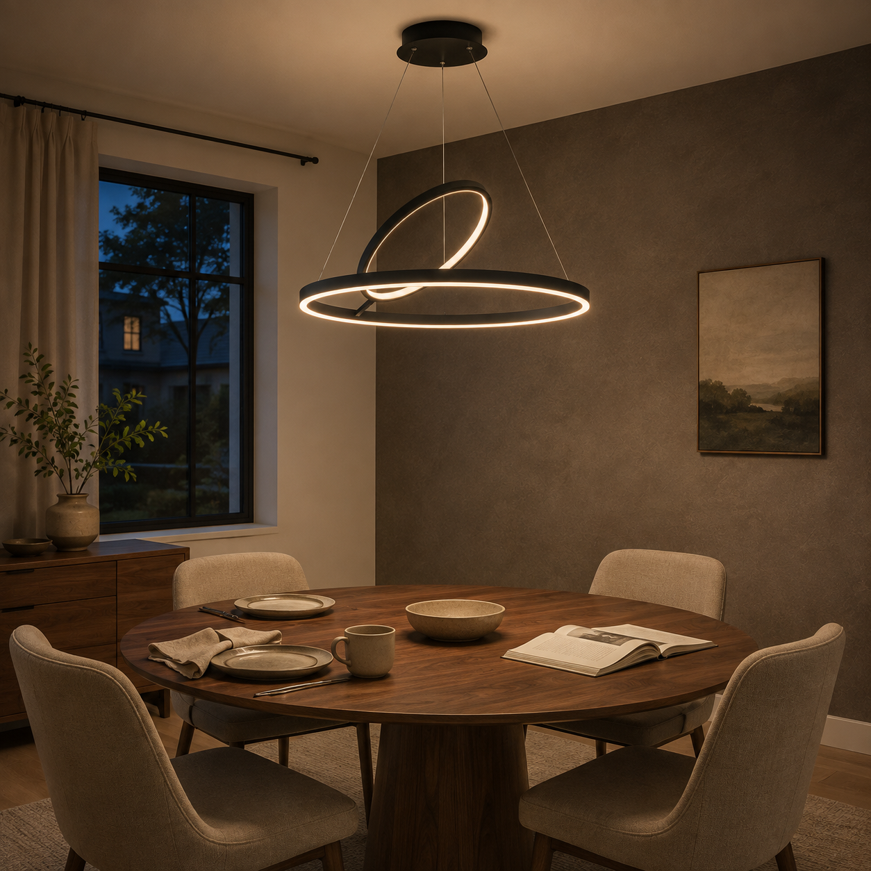 Hring LED Ring Chandelier | Minimalist Round Ceiling Light in Black or White for Living & Dining Rooms