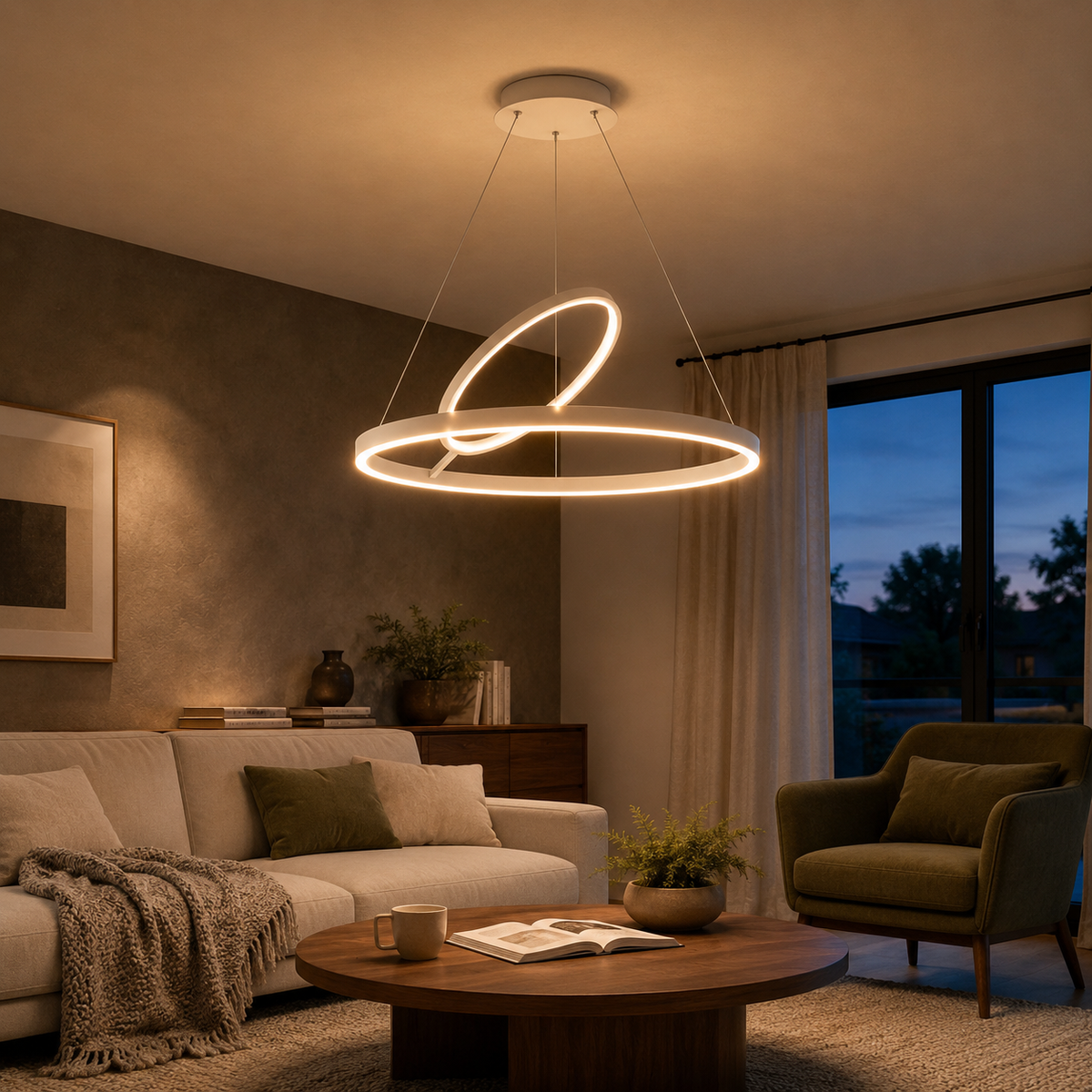 Hring LED Ring Chandelier | Minimalist Round Ceiling Light in Black or White for Living & Dining Rooms