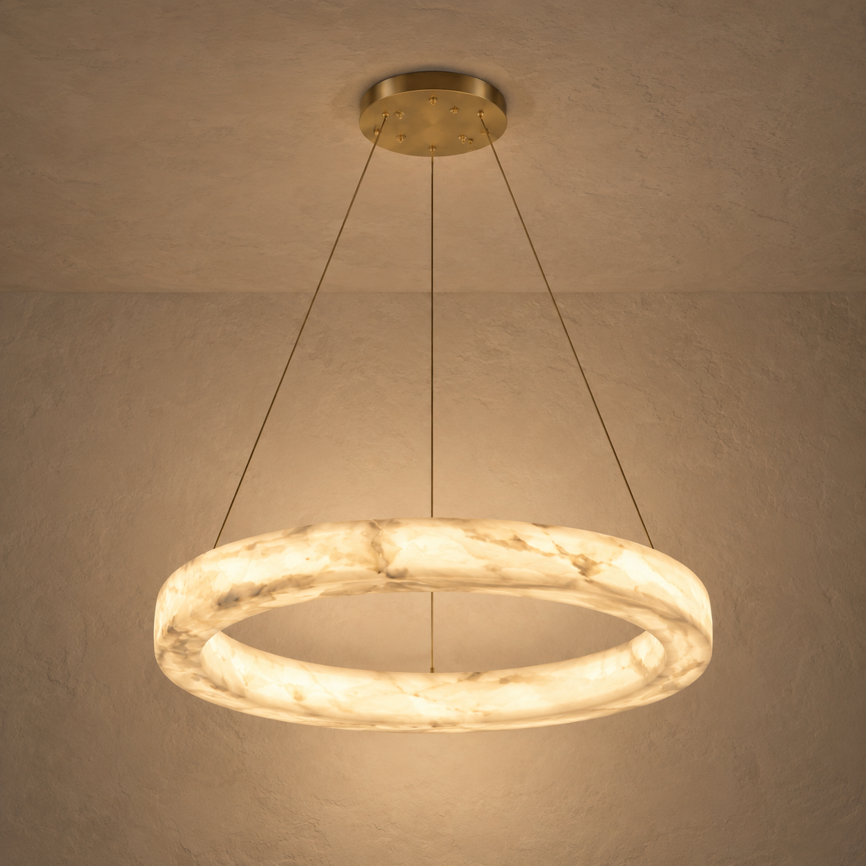 Kyklos Alabaster Ring Chandelier - Round LED Halo Pendant Light with Brass Canopy for Dining Room, Living Room & Bedroom