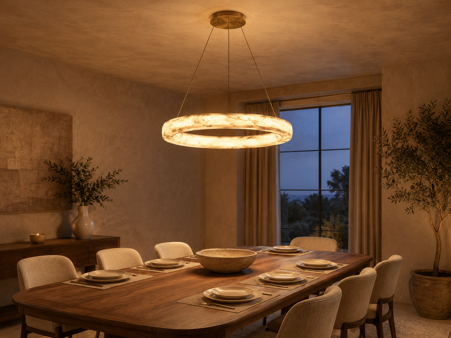 Kyklos Alabaster Ring Chandelier - Round LED Halo Pendant Light with Brass Canopy for Dining Room, Living Room & Bedroom