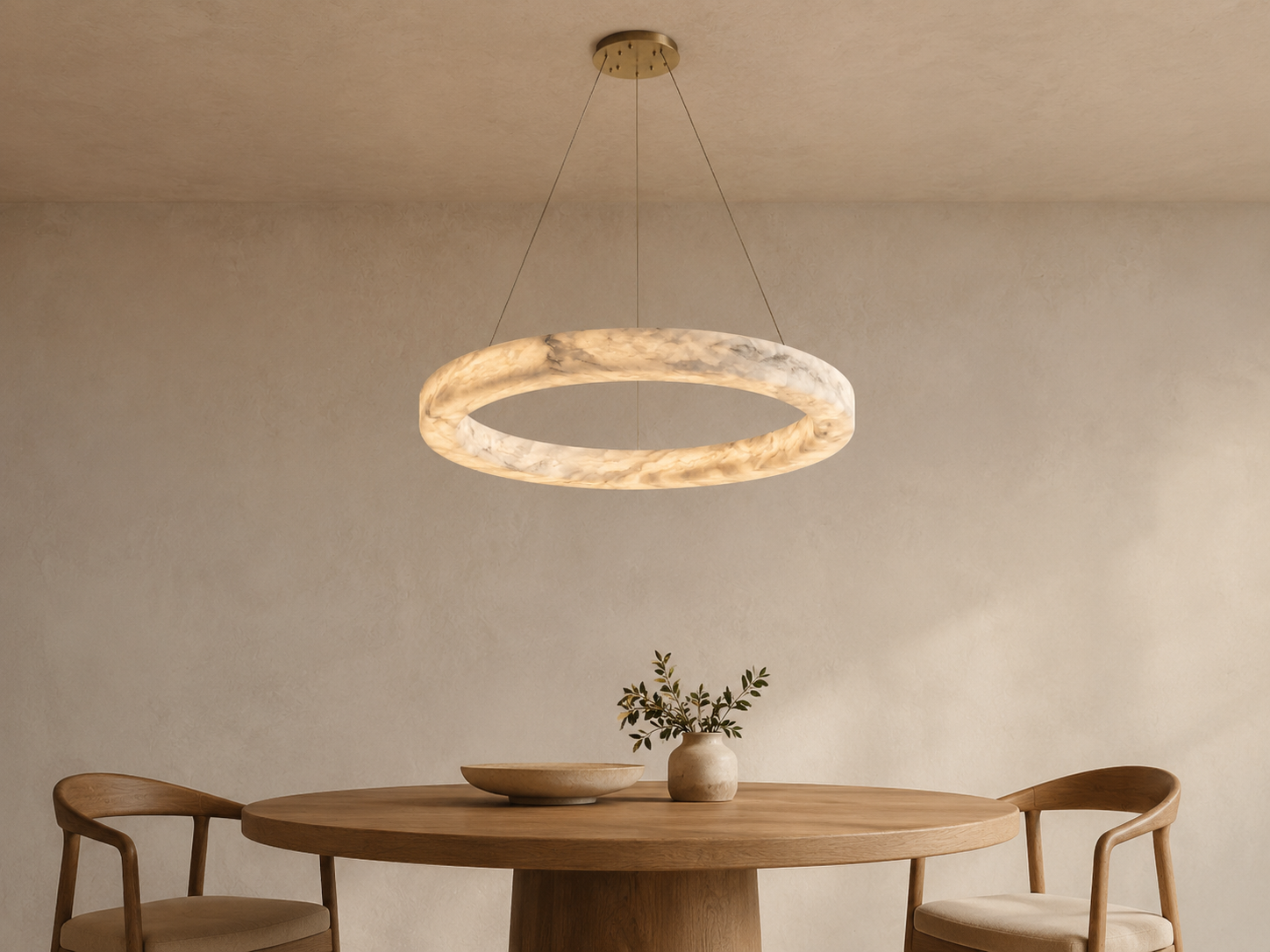 Kyklos Alabaster Ring Chandelier - Round LED Halo Pendant Light with Brass Canopy for Dining Room, Living Room & Bedroom