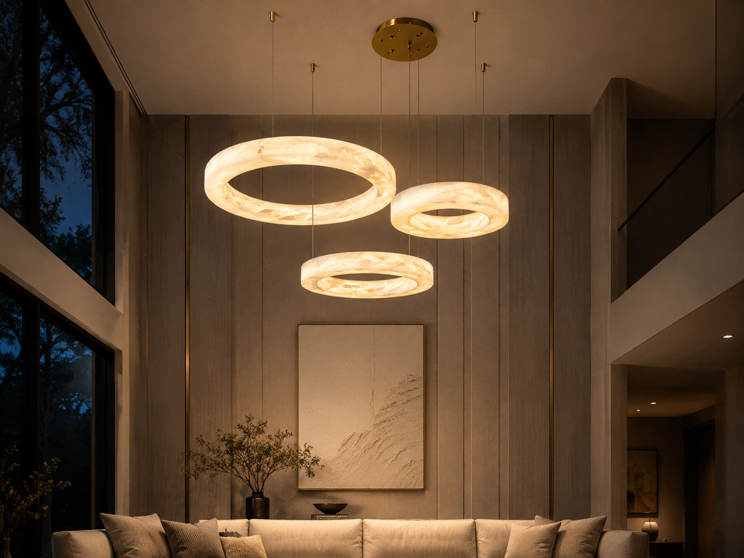Kyklos Alabaster Ring Chandelier - Round LED Halo Pendant Light with Brass Canopy for Dining Room, Living Room & Bedroom