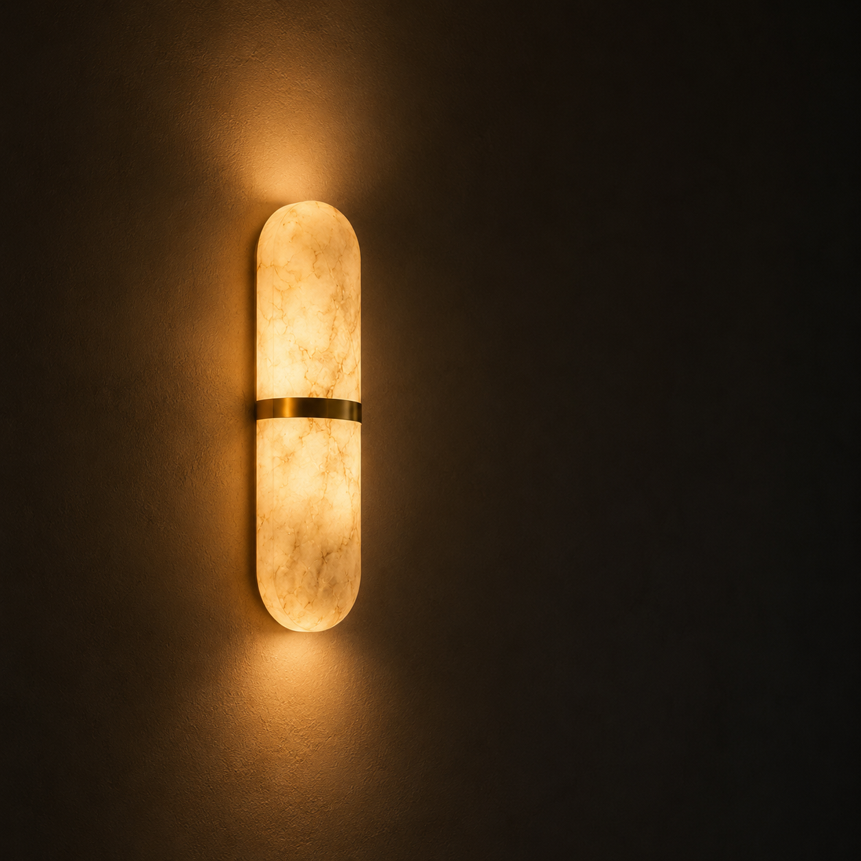Marmo Alabaster Wall Sconce — Natural Spanish Alabaster & Brass Cylinder Wall Light, 15.7", Brass or Black, Bedside & Hallway