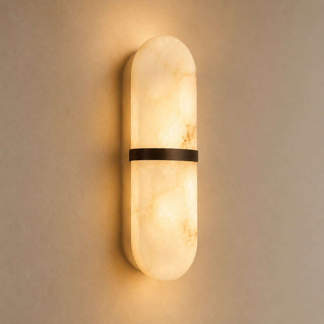 Marmo Alabaster Wall Sconce — Natural Spanish Alabaster & Brass Cylinder Wall Light, 15.7", Brass or Black, Bedside & Hallway