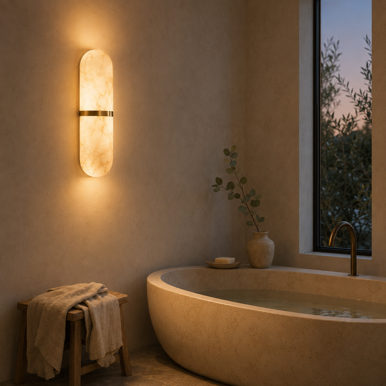 Marmo Alabaster Wall Sconce — Natural Spanish Alabaster & Brass Cylinder Wall Light, 15.7", Brass or Black, Bedside & Hallway