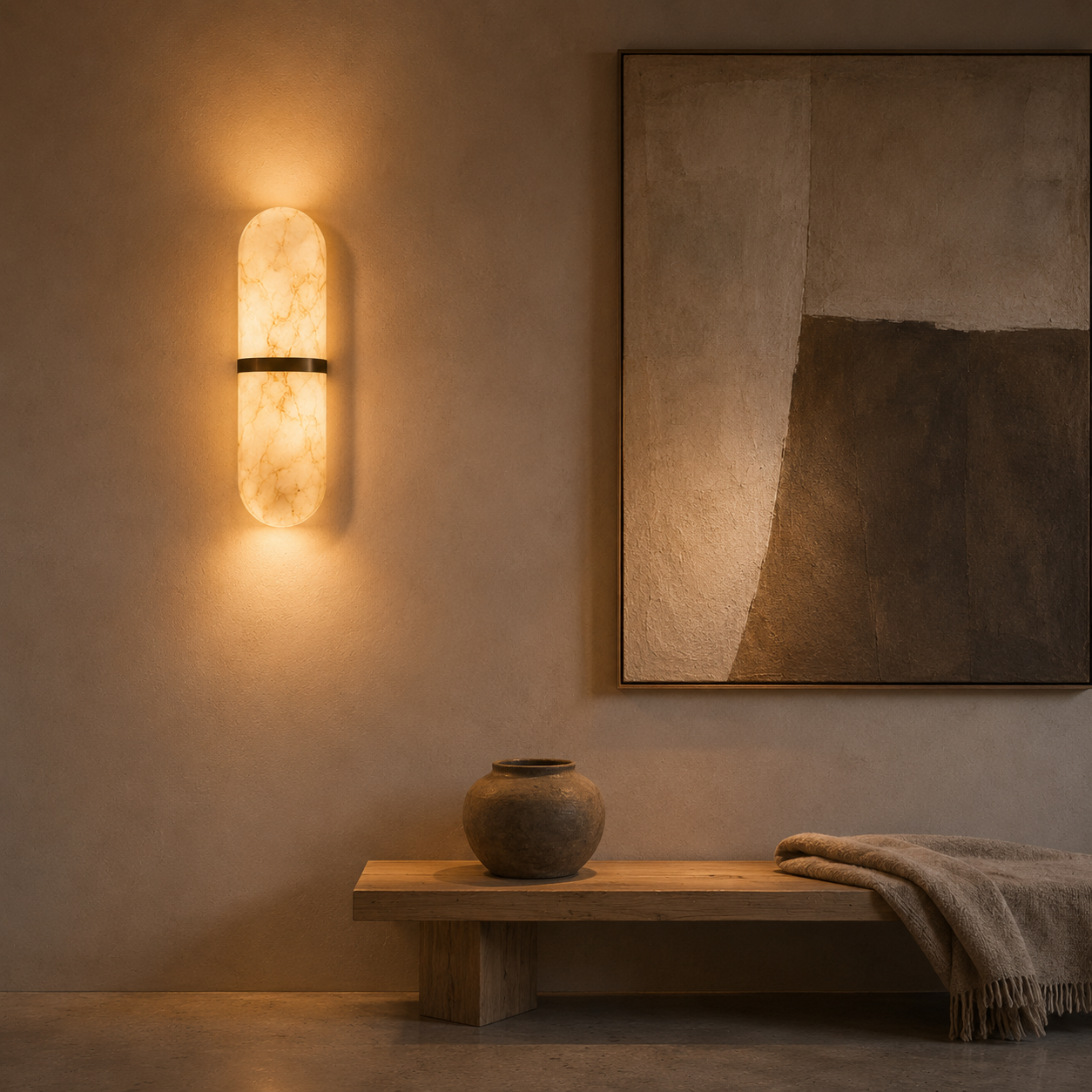 Marmo Alabaster Wall Sconce — Natural Spanish Alabaster & Brass Cylinder Wall Light, 15.7", Brass or Black, Bedside & Hallway