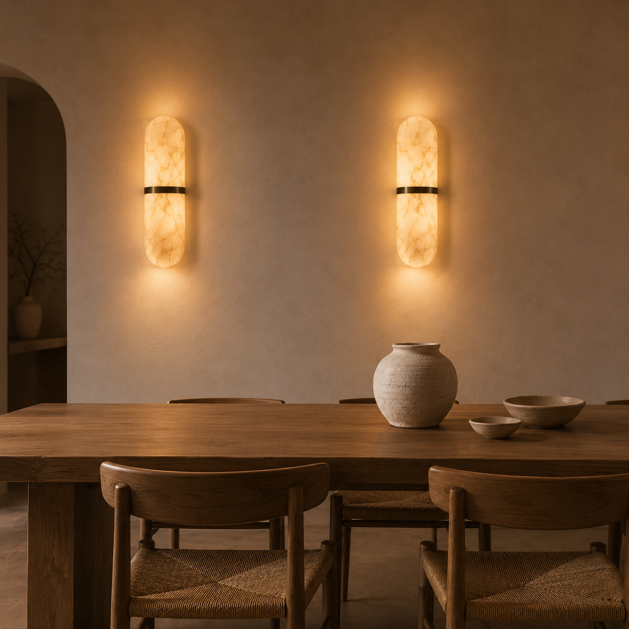 Marmo Alabaster Wall Sconce — Natural Spanish Alabaster & Brass Cylinder Wall Light, 15.7", Brass or Black, Bedside & Hallway