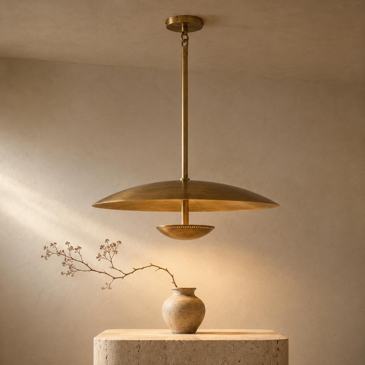 Oralis Brass Disc Pendant Light | Mid-Century Wide Dome Pendant for Dining Table & Kitchen Island