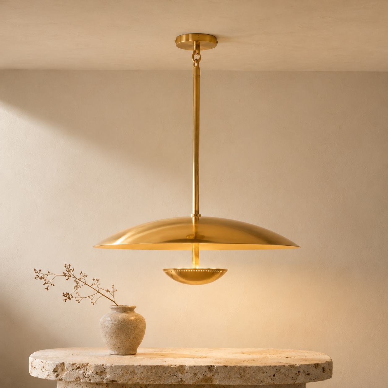 Oralis Brass Disc Pendant Light | Mid-Century Wide Dome Pendant for Dining Table & Kitchen Island