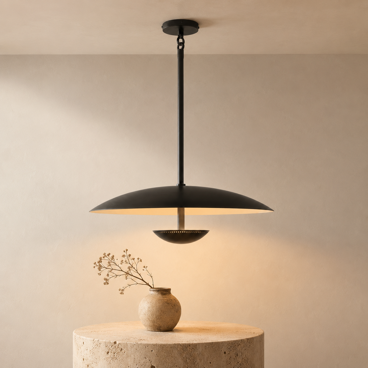 Oralis Brass Disc Pendant Light | Mid-Century Wide Dome Pendant for Dining Table & Kitchen Island