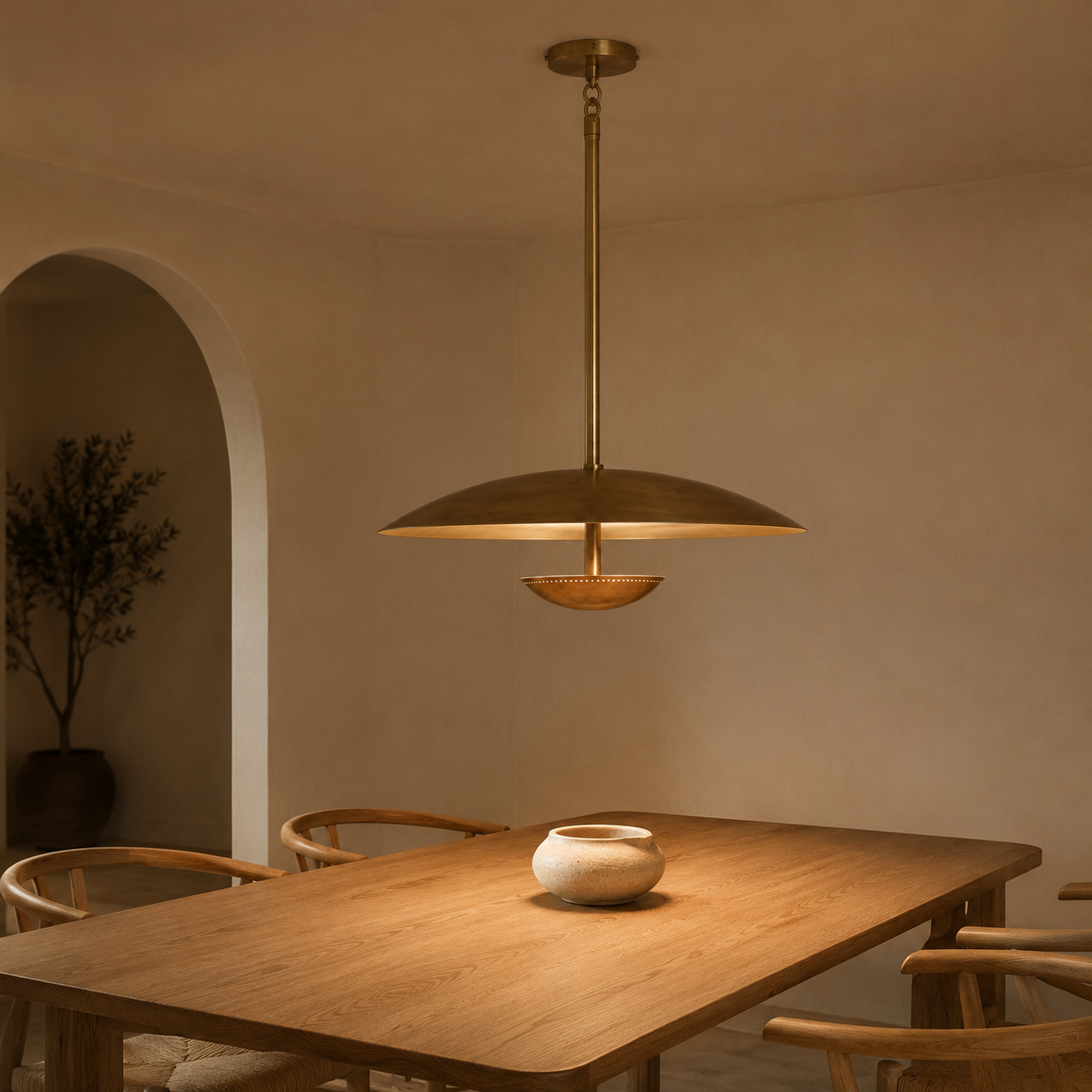 Oralis Brass Disc Pendant Light | Mid-Century Wide Dome Pendant for Dining Table & Kitchen Island